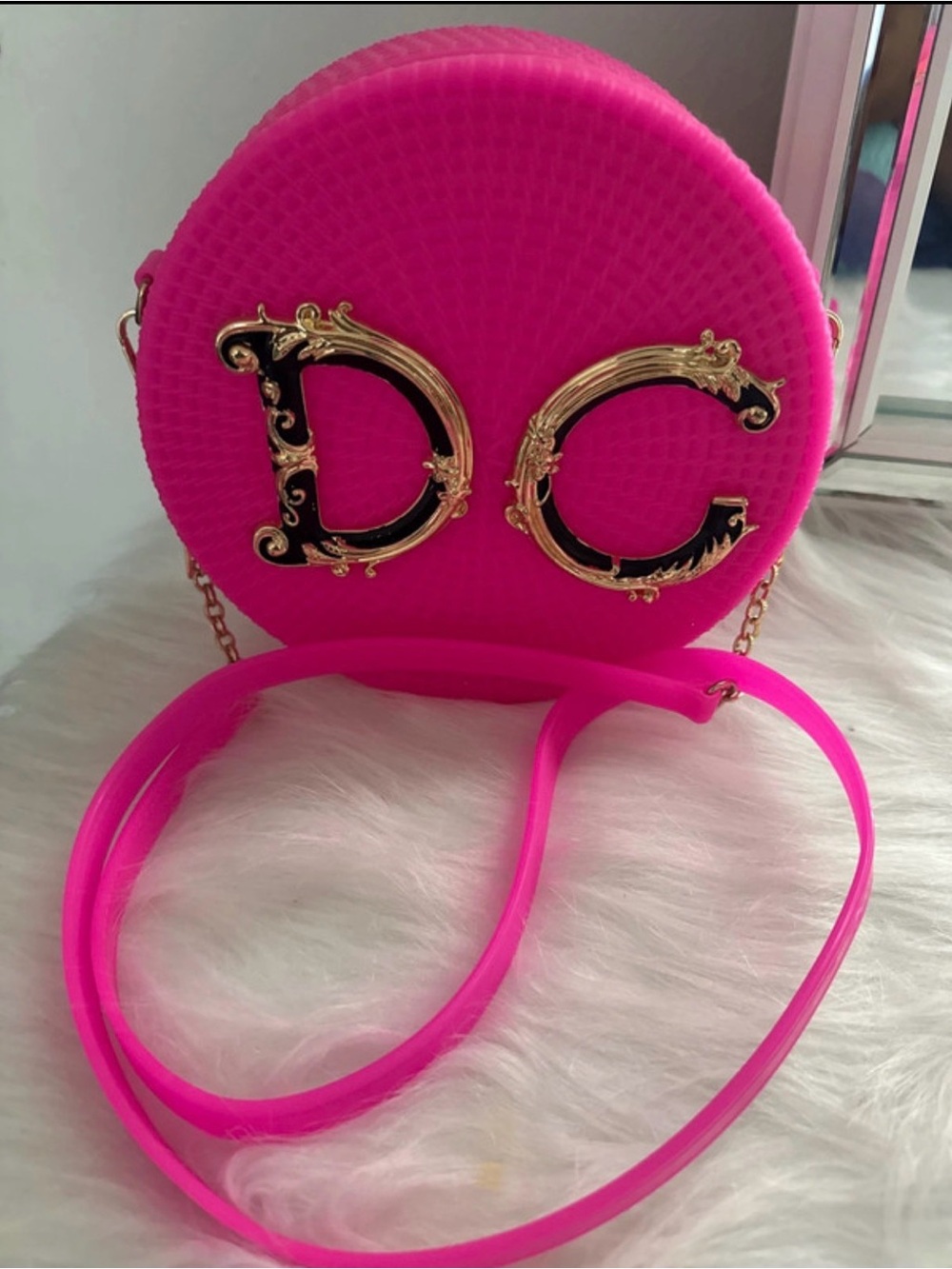DC Round Crossbody Bag in Hot Pink with Gold Hardware